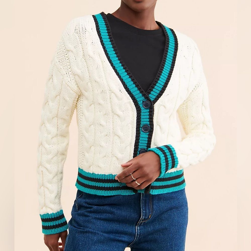 Maeve x Anthropologie White/ Blue Varsity Cable-Knit Cardigan Size Extra Large